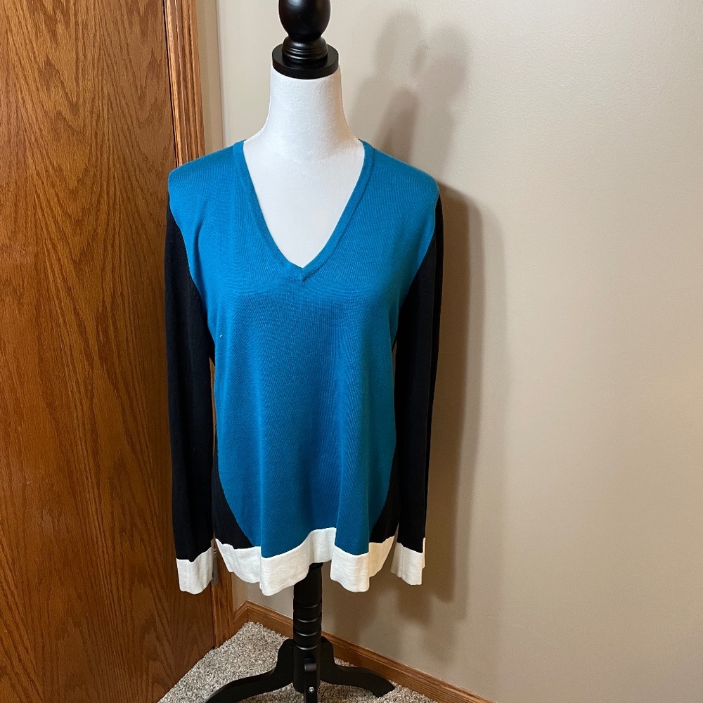 Color blocked long sleeve, v-neck sweater size XL